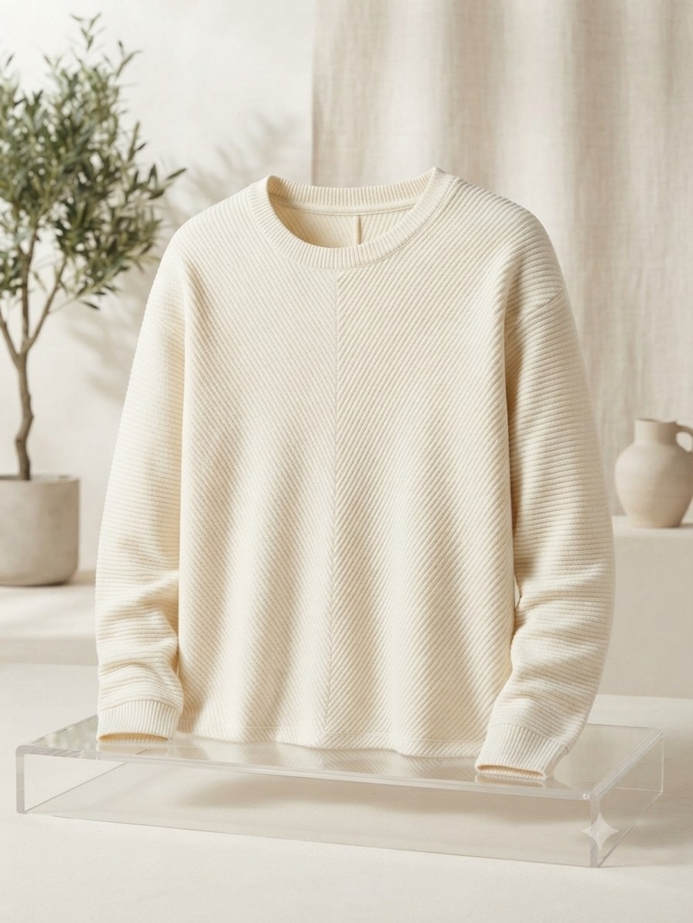a new day Cream Diagonal-Rib Crewneck Sweater